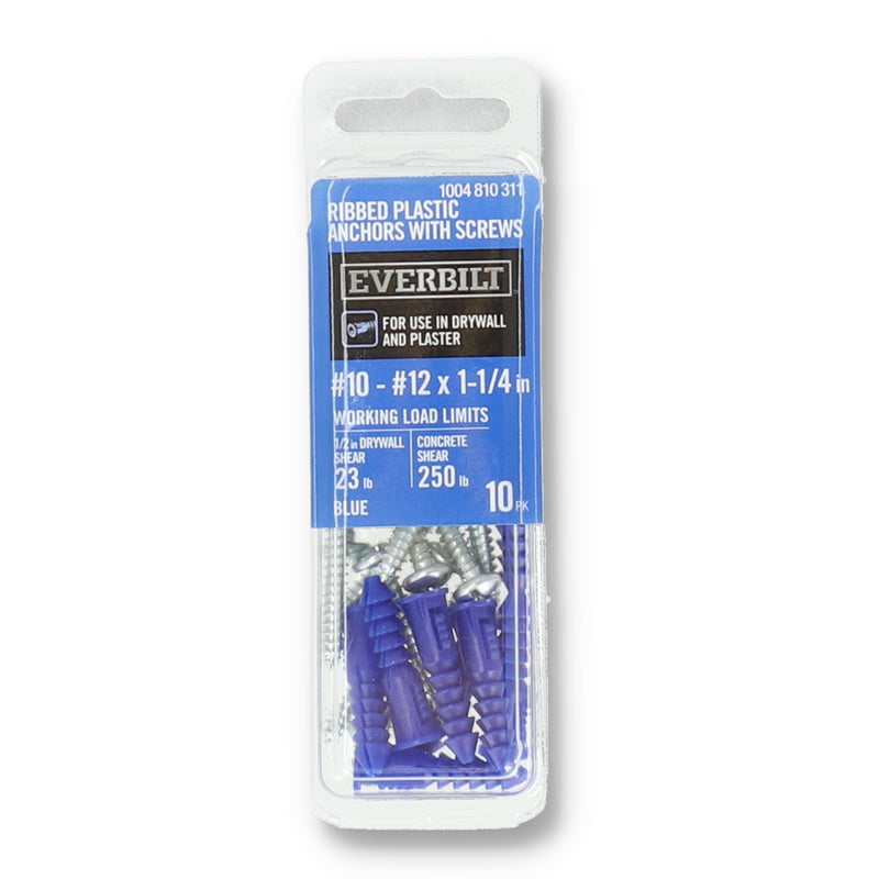 EVERBILT 10PK RIBBED PLASTIC ANCHORS WITH SCREWS #10-#12x1-1/4''