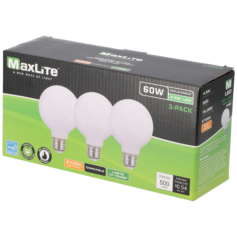 3PK 4.5=60W LED G25 GLOBE BULB DIMMABLE SOFT WHITE