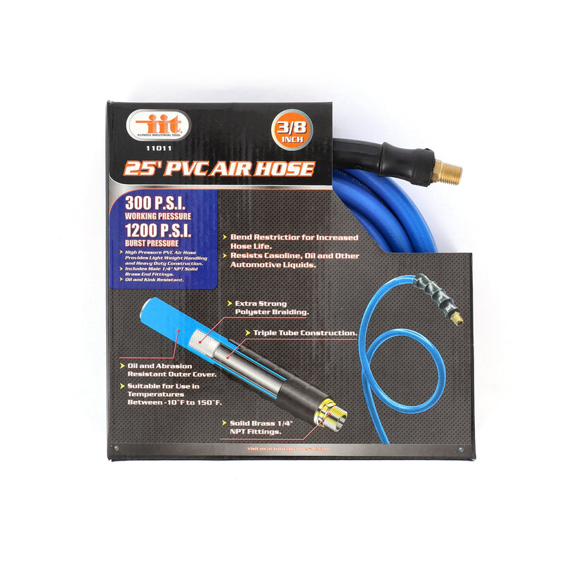 IIT 25'x3/8'' PVC AIR HOSE w/1/4'' NPT FITTINGS & BEND RESTRICTORS