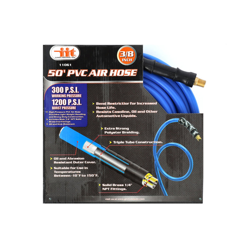 IIT 50x3/8'' PVC AIR HOSE w/1/4'' NPT FITTINGS & BEND RESTRICTORS