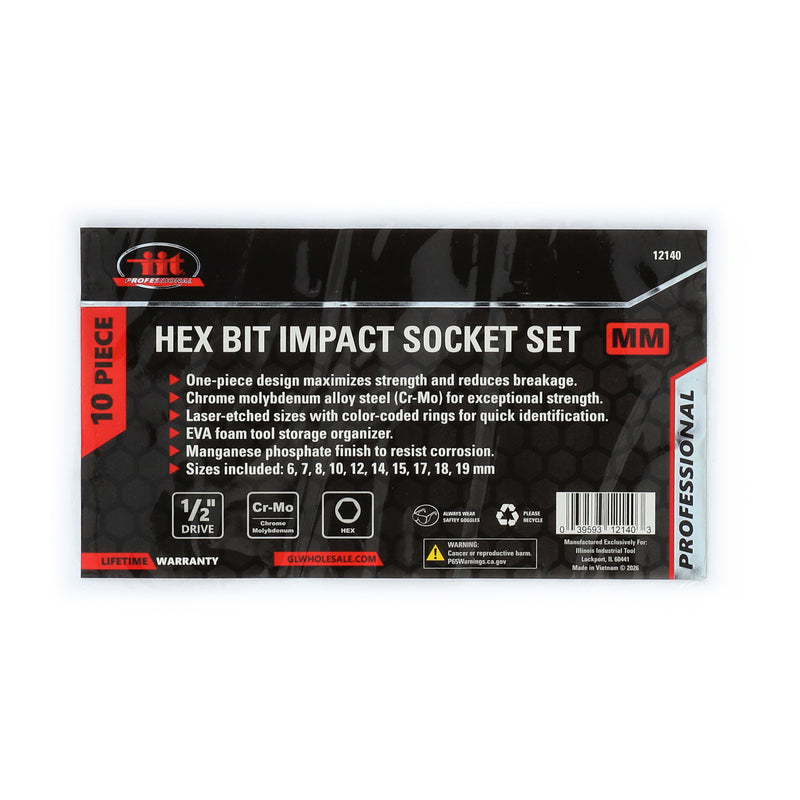 IIT PRO IIT PRO 10PC 1/2'' DRIVE 3'' HEX BIT IMPACT SOCKETS IN FOAM TRAY H6-H19