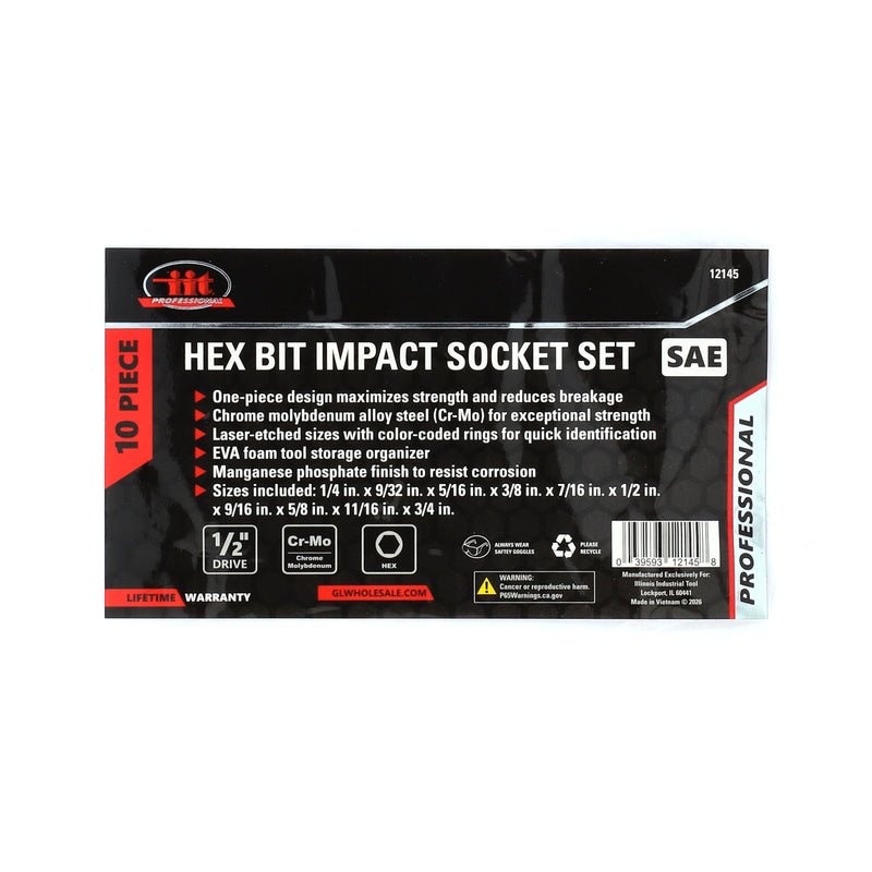 IIT PRO IIT PRO 10PC 1/2'' DRIVE 3'' HEX BIT IMPACT SOCKETS IN FOAM TRAY 1/4-3/4''