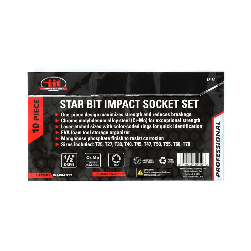 IIT PRO IIT PRO 10PC 1/2'' DRIVE 3'' STAR BIT IMPACT SOCKETS IN FOAM TRAY T25-T70