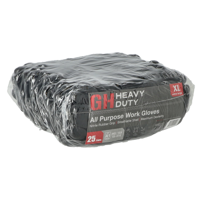 GH 25 PAIR NYLON WORK GLOVES WITH NITRILE RUBBER GRIP X/L