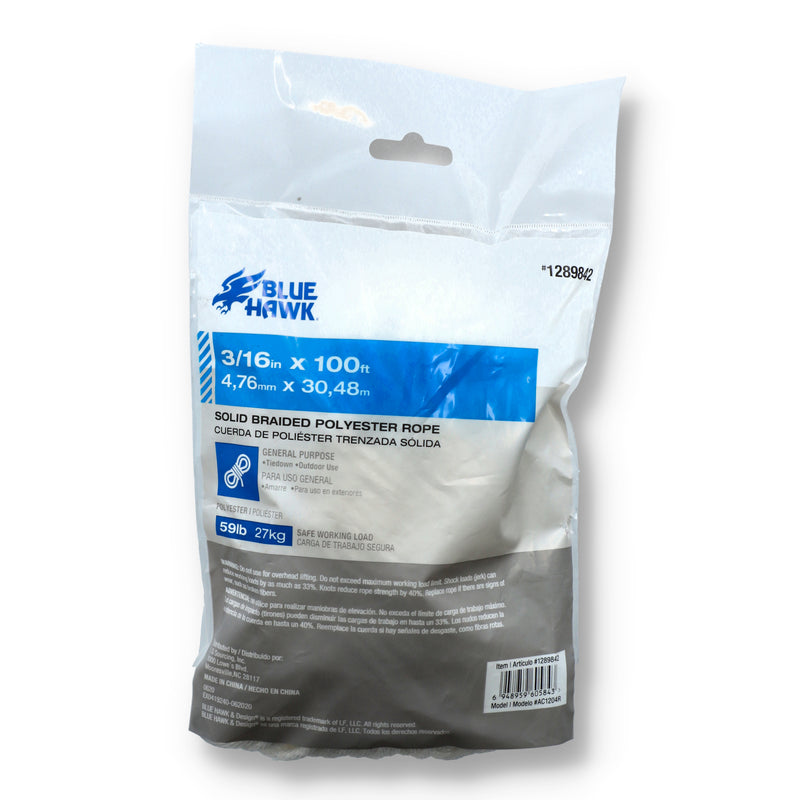 100' 3/16'' SOLID BRAID POLY ROPE 59LB WLL