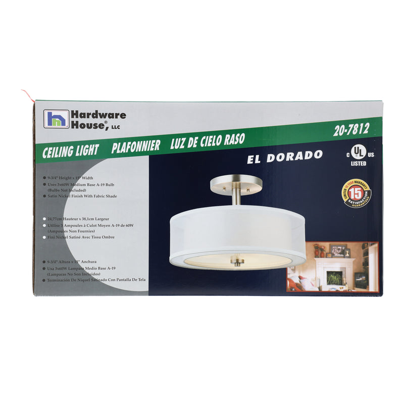HH EL DORADA 3-BULB CEILING LIGHT WITH SHADE SATIN NICKEL 9-3/4x15''