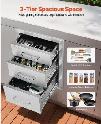 VEVOR 3-DRAWER STAINLESS OUTDOOR KITCHEN DRAWERS 14x20.3x23''