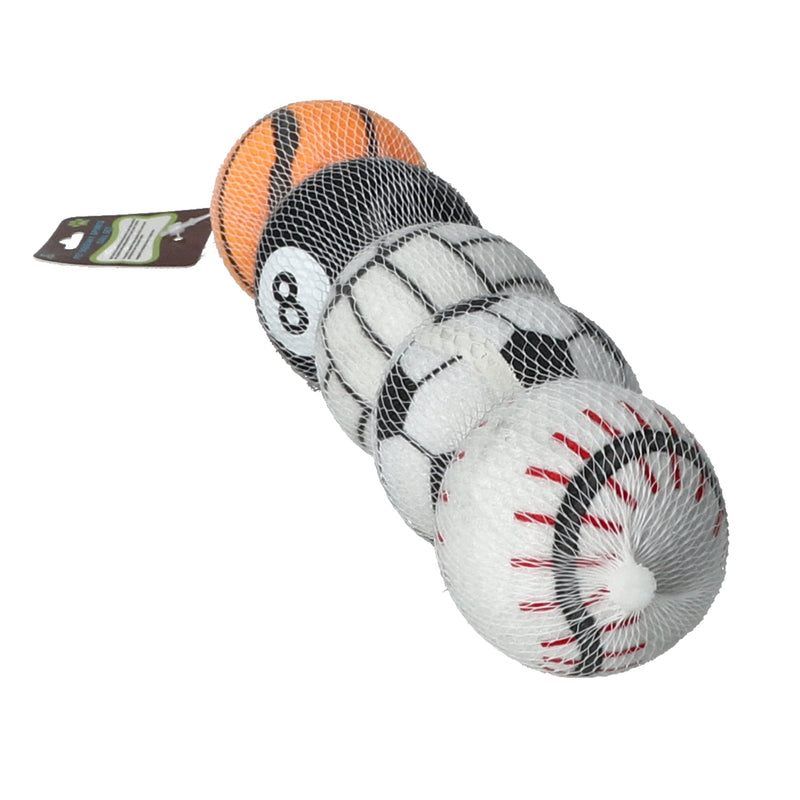 5PK PRINTED PET SQUEAKY SPORTS BALL SET