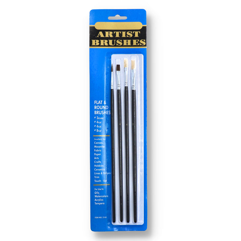 4pc LONG HANDLE ARTIST BRUSH FLAT & ROUND