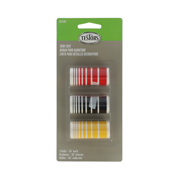 TESTORS 3PK TRIM TAPE 8 WIDTHS PER ROLL RED, BLACK & YELLOW