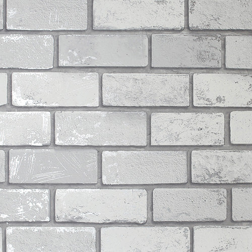 PEEL & STICK WALLPAPER METALLIC BRICK WHITE-SILVER DESIGN