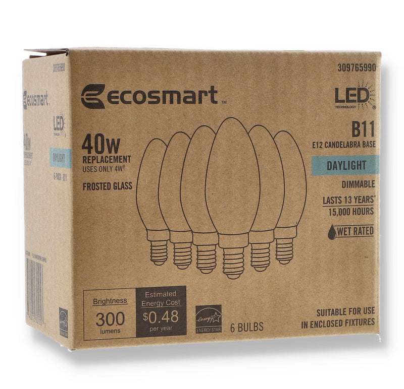 6PK 4=40W B11 LED BULB CANDELABRA BASE DIMMABLE DAYLIGHT FROSTED