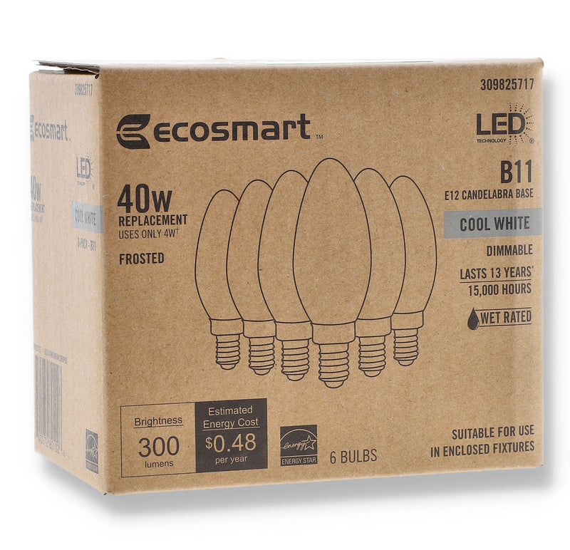 6PK 4=40W B11 LED BULB CANDELABRA BASE DIMMABLE COOL WHITE FROSTED