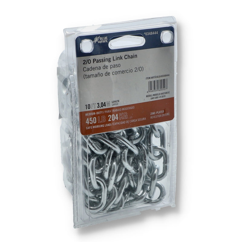 10' 2/0 WELDED ZINC PLATED PASSING LINK CHAIN 450LB WLL