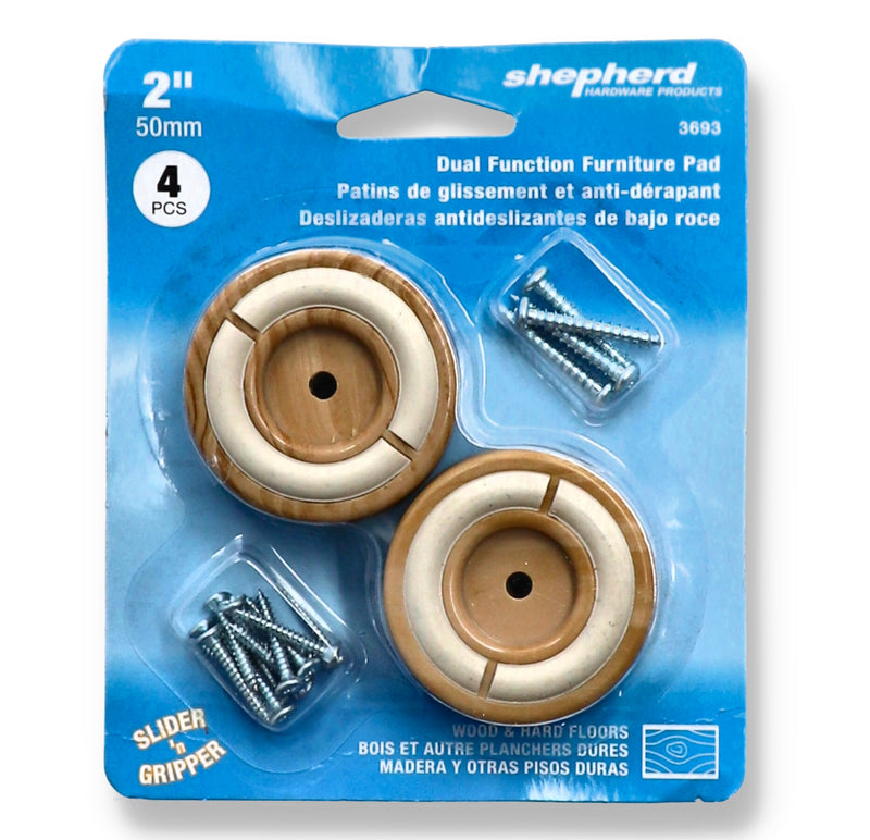 SHEPHERD 4PK 2'' DUAL FUNCTION FURNITURE PADS WITH SCREWS WOODGRAIN