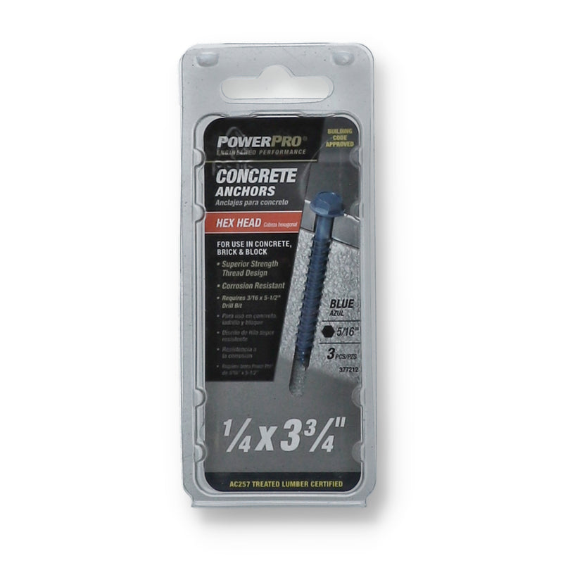 POWER PRO 3PK CONCRETE HEX HEAD ANCHORS BLUE 1/4x3-3/4''