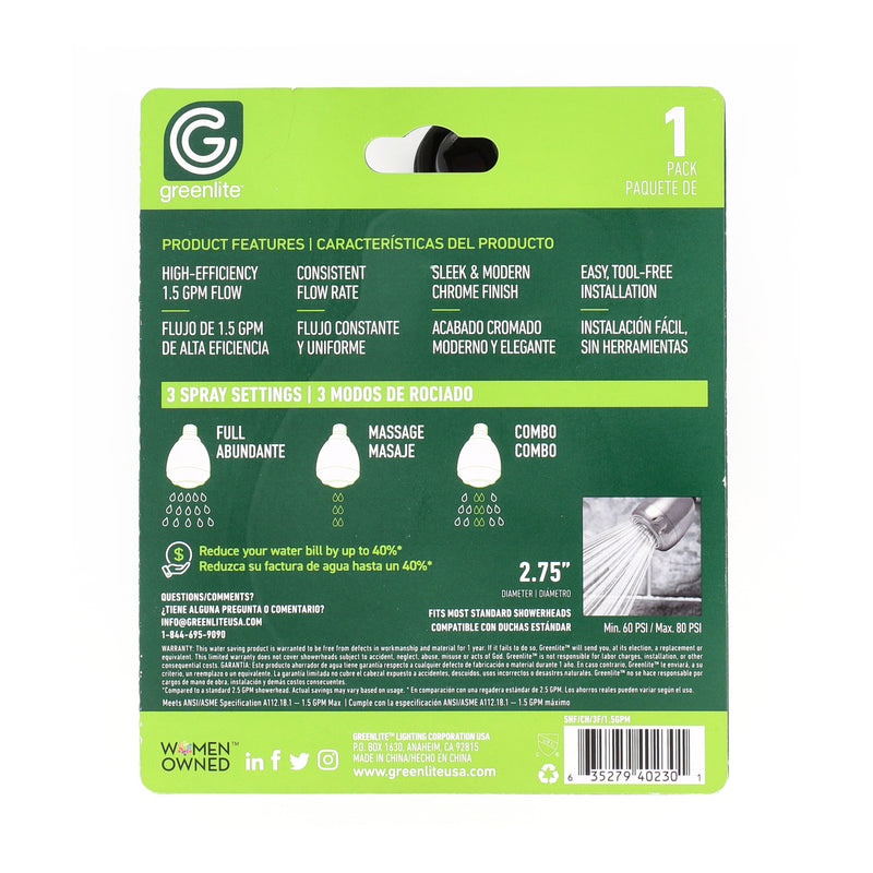 GREENLITE SHOWER HEAD HIGH-EFFICIENCY 3 SPRAY SETTINGS