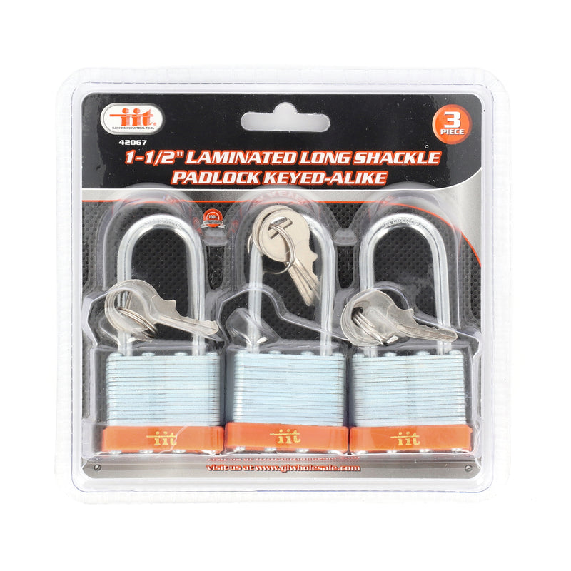 IIT 3pc 1.5'' LAMINATED PADLOCK LONG SHANK KEYED ALIKE