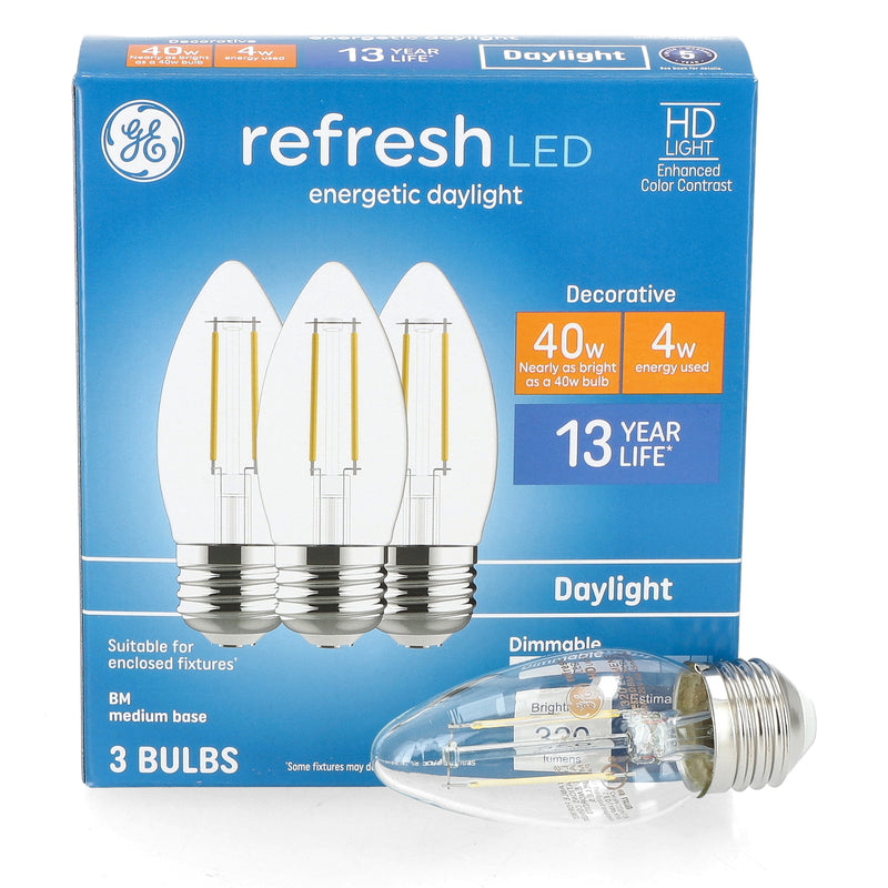 GE REFRESH 3PK 4=40W LED B11 CLEAR BULBS E26 MEDIUM BASE DIMMABLE DAYLIGHT