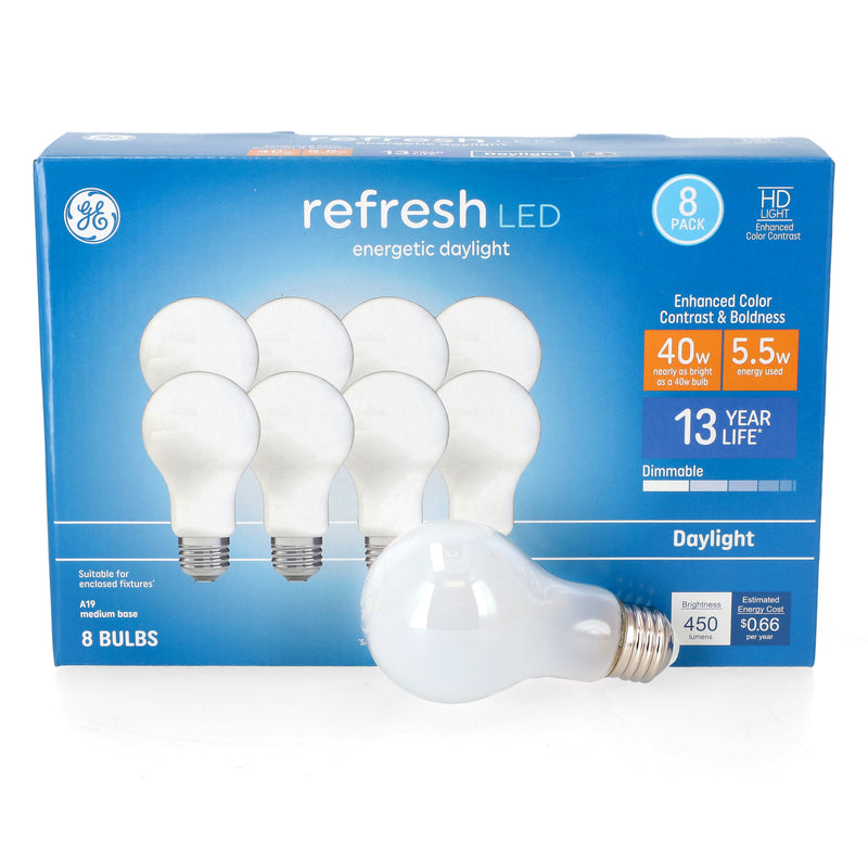GE REFRESH 8PK 5.5=40W LED A19 BULBS DIMMABLE DAYLIGHT ENHANCED COLOR
