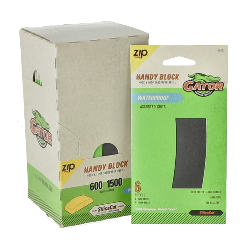 GATOR 6 SHEET HANDY BLOCK HOOK & LOOF REFIL SHEETS WATERPROOF ASSORTED GRITS