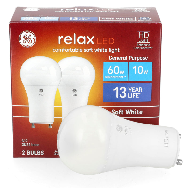 GE RELAX 2PK 10=60W LED A19 BULBS GU24 BASE DIMMABLE SOFT WHITE
