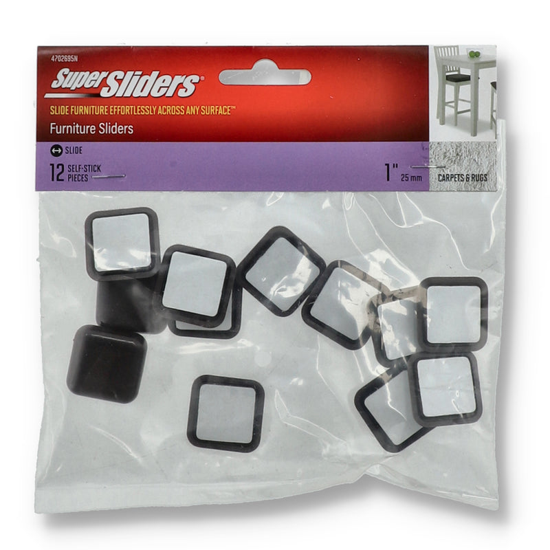 12PK 1'' SQUARE FURNITURE SLIDERS SELF-STICK