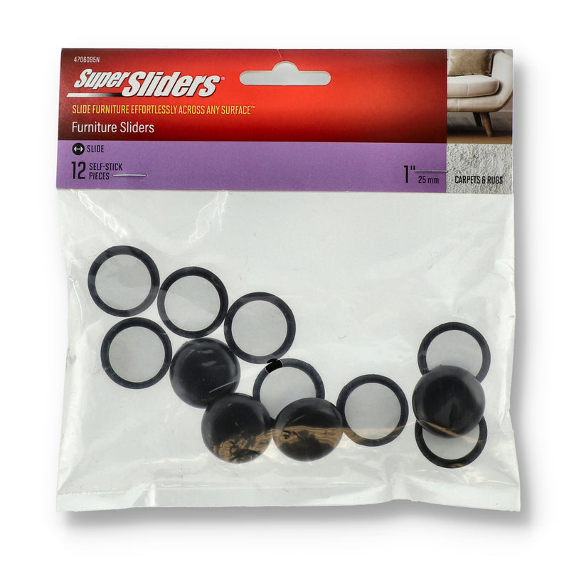 12pk 1'' BLACK ROUND SUPER SLIDERS SELF-STICK