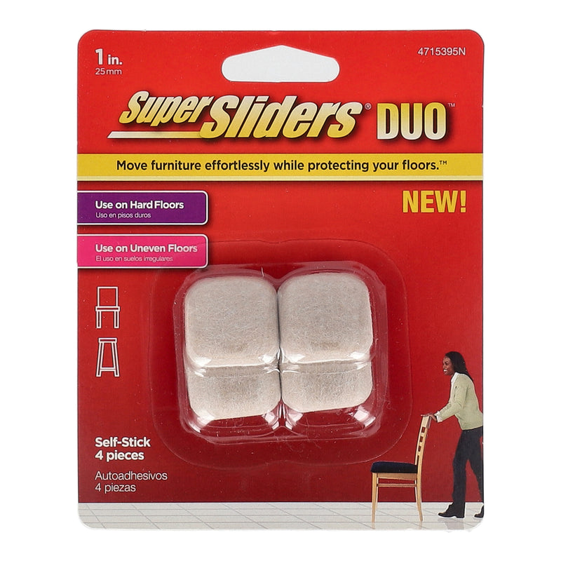 SUPERSLIDERS 4PC 1'' SQUARE DOMED SELF ADHESIVE FURNITURE SLIDERS