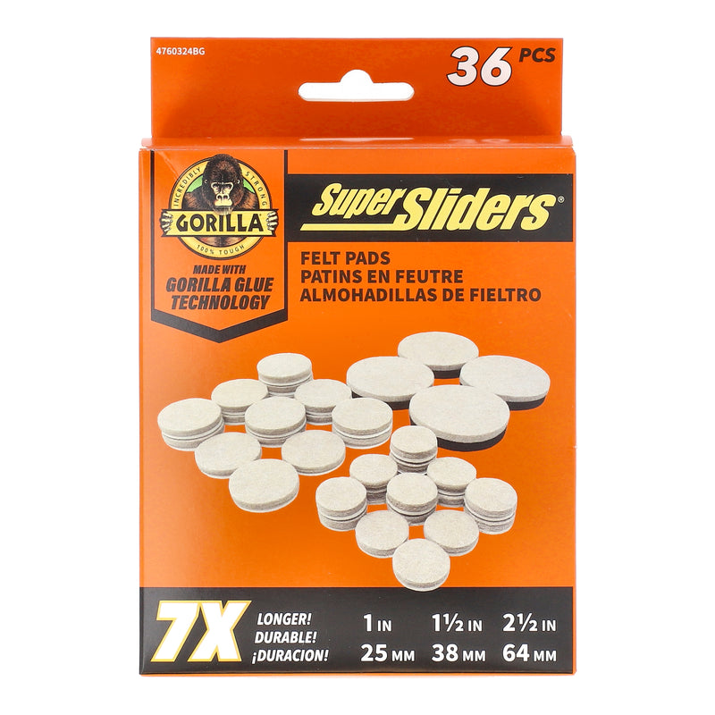 SUPERSLIDERS 36PC GORILLA GLUE FELT PADS ASSORTED SIZES BEIGE