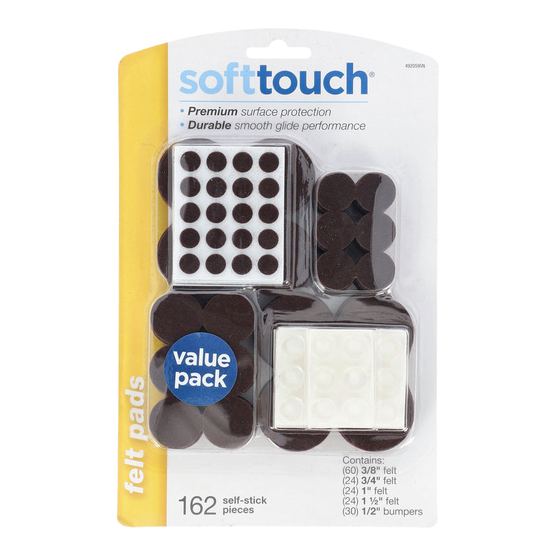 SOFT TOUCH 192pc VALUE PACK ASSORTED FELT PADS & BUMPERS SELF-STICK BROWN