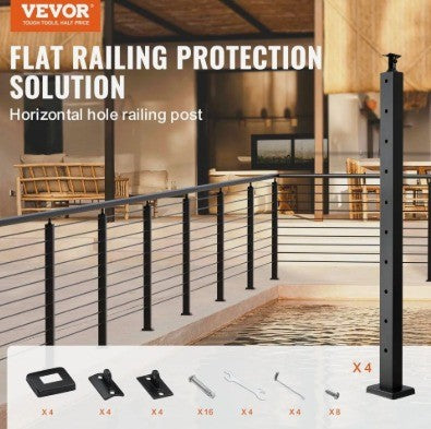 VEVOR 4PK CABLE RAILING POST 36'' X 1'' X 2''

VEVOR 4-Pack Cable Railing Post, 36" x 1" x 2" Steel Horizontal Hole Deck Railing Post, 10 Pre-Drilled Holes, SUS304 Stainless Steel Cable Rail Post with Horizontal and Curved Bracket, Black