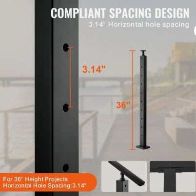 VEVOR 4PK CABLE RAILING POST 36'' X 1'' X 2''

VEVOR 4-Pack Cable Railing Post, 36" x 1" x 2" Steel Horizontal Hole Deck Railing Post, 10 Pre-Drilled Holes, SUS304 Stainless Steel Cable Rail Post with Horizontal and Curved Bracket, Black