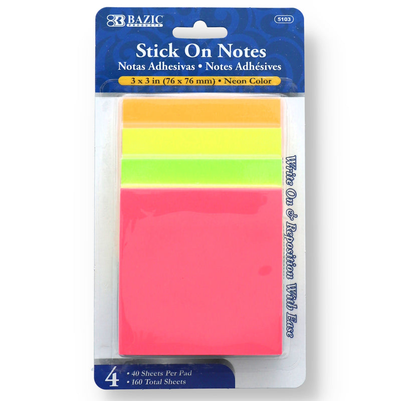 4PK 40ct 3x3'' NEON STICK-ON NOTES 160 TOTAL SHEETS -NO ONLINE SALES