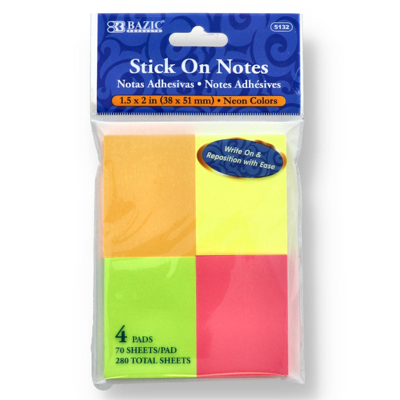 4pk 70ct 1.5x2'' NEON STICK-ON NOTES 280 SHEETS -NO ONLINE SALES