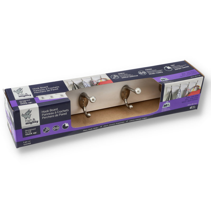 HIGH & MIGHTY 18'' 4 SATIN NICKEL HOOKS ON WHITE BOARD RAIL 30 LB NO TOOLS