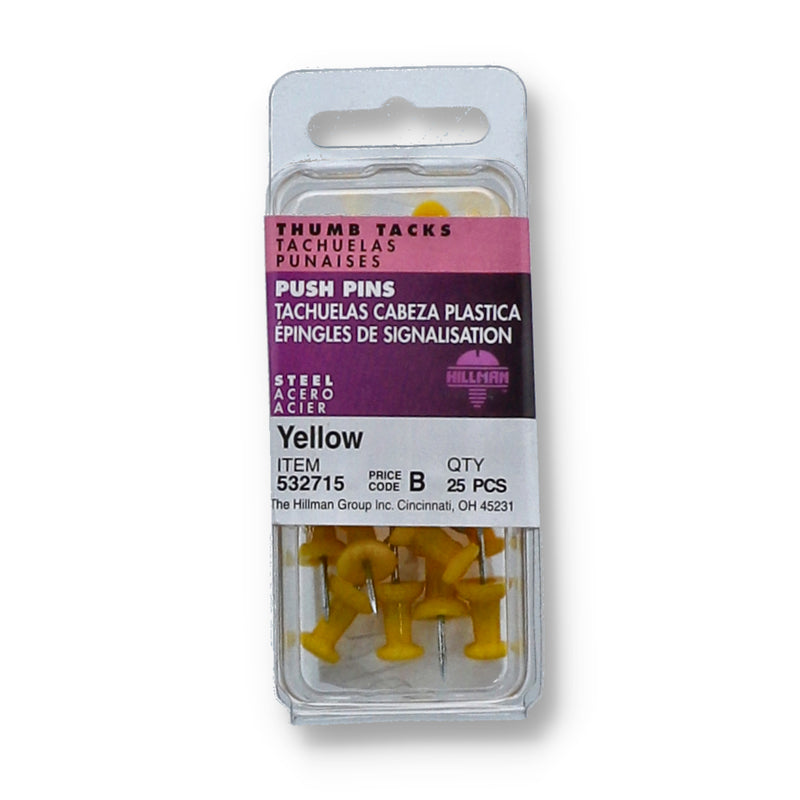 HILLMAN 25PC YELLOW PUSH PIN THUMB TACKS