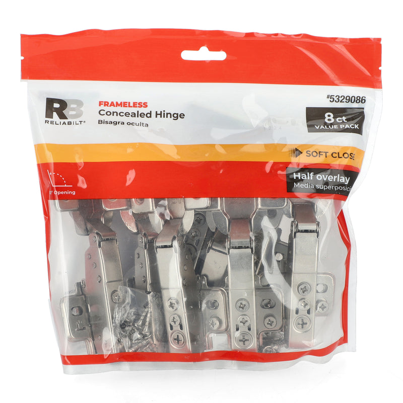 RELIABILT 8CT SOFT CLOSE FRAMELSS CONCEALED CABINET HINGE HALF OVERLAY NICKEL PLATED