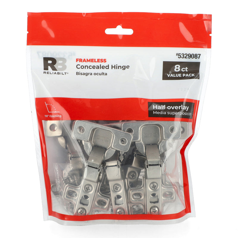 RELIABILT 8CT FRAMELSS CONCEALED CABINET HINGE HALF OVERLAY NICKEL PLATED