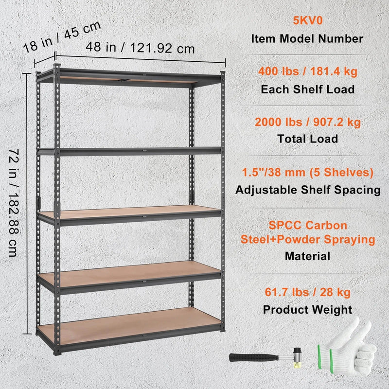 VEVOR 5 SHELF 2000LB METAL GARAGE STORAGE SHELVING 48x72x18''