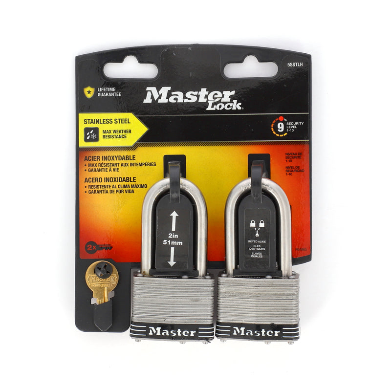 MASTERLOCK 2PK 2'' LONG SHACKLE STAINLESS PADLOCK SET KEYED ALIKE