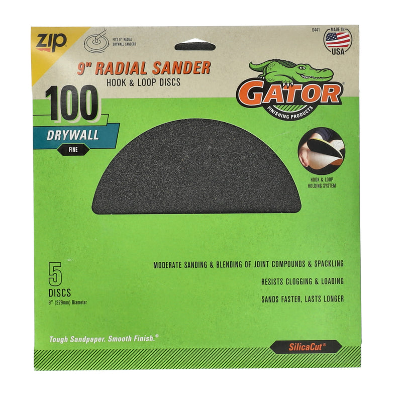 GATOR 5pk 9'' RADIAL SANDER HOOK & LOOP DISCS 100 GRIT DRYWALL FINE
