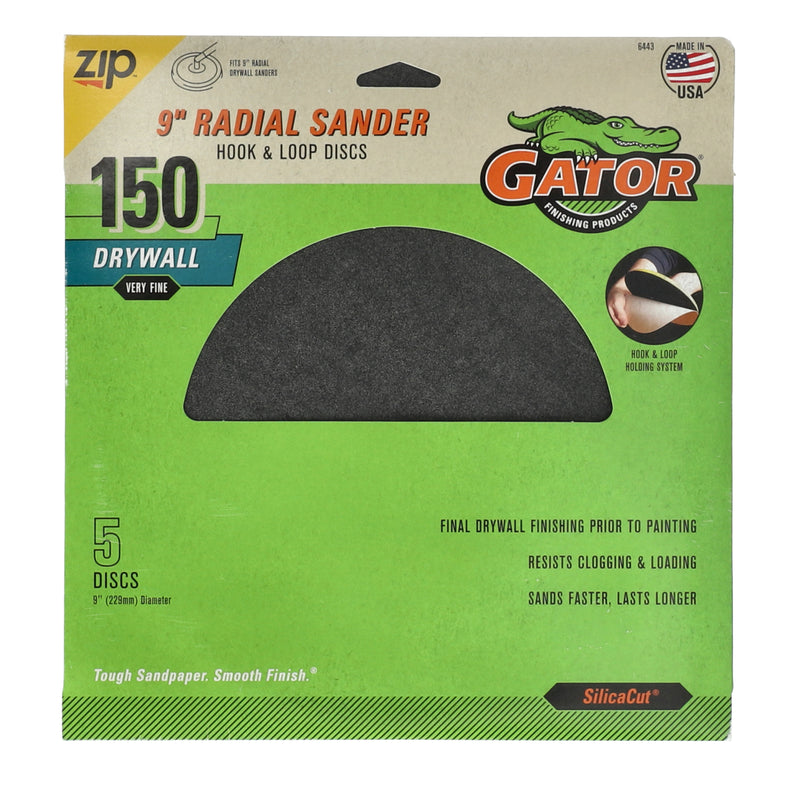 GATOR 5pk 9'' RADIAL SANDER HOOK & LOOP DISCS 150 GRIT DRYWALL VERY FINE