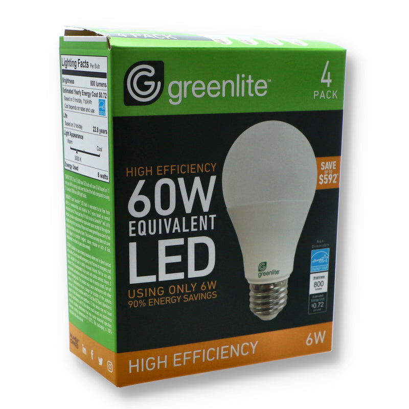 4PK 6=60W A19 LED HIGH EFFICIENCY BULBS BRIGHT WHITE