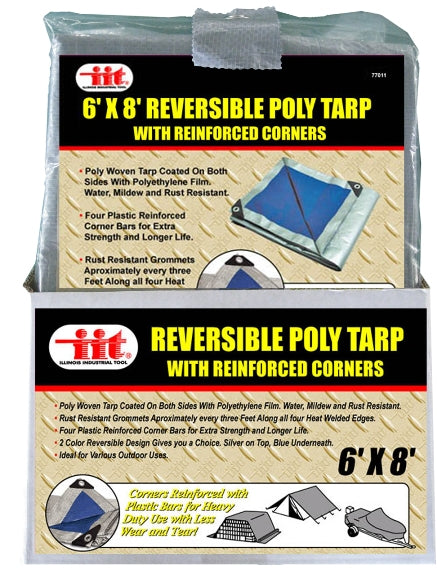IIT 6'x8' REVERSIBLE TARP WITH REINFORCED CORNER BARS SILVER-BLUE FINISH SIZE