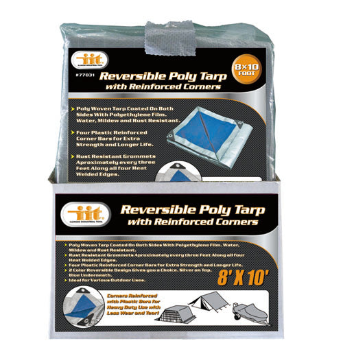 IIT 8'x10' REVERSIBLE TARP WITH REINFORCED CORNER BARS SILVER-BLUE FINISH SIZE