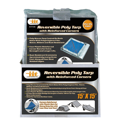 IIT 15'x15' REVERSIBLE TARP WITH REINFORCED CORNER BARS SILVER-BLUE FINISH SIZE