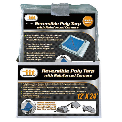 IIT 12'x24' REVERSIBLE TARP w/REINFORCED CORNER BARS SILVER-BLUE FINISH SIZE