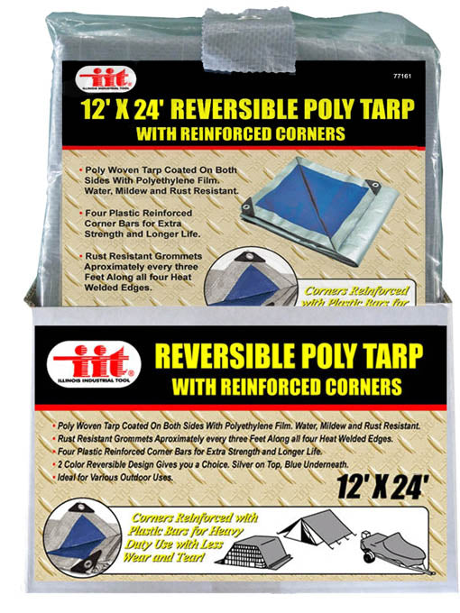 IIT 12'x24' REVERSIBLE TARP w/REINFORCED CORNER BARS SILVER-BLUE FINISH SIZE