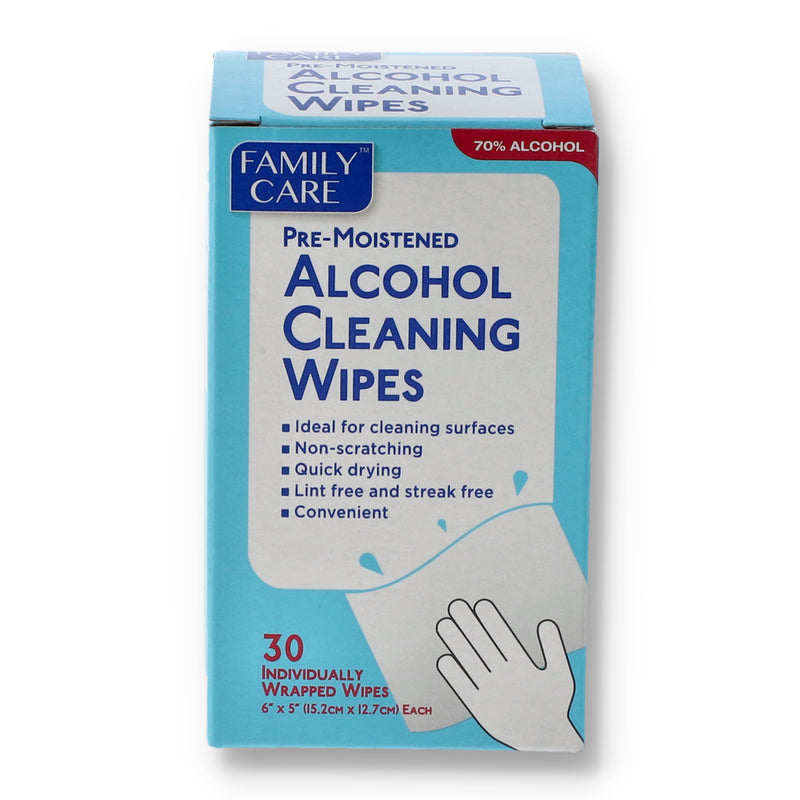 30CT FAMILY CARE ALCOHOL CLEANING WIPES INDIVIDUALLY FOIL WRAPPED